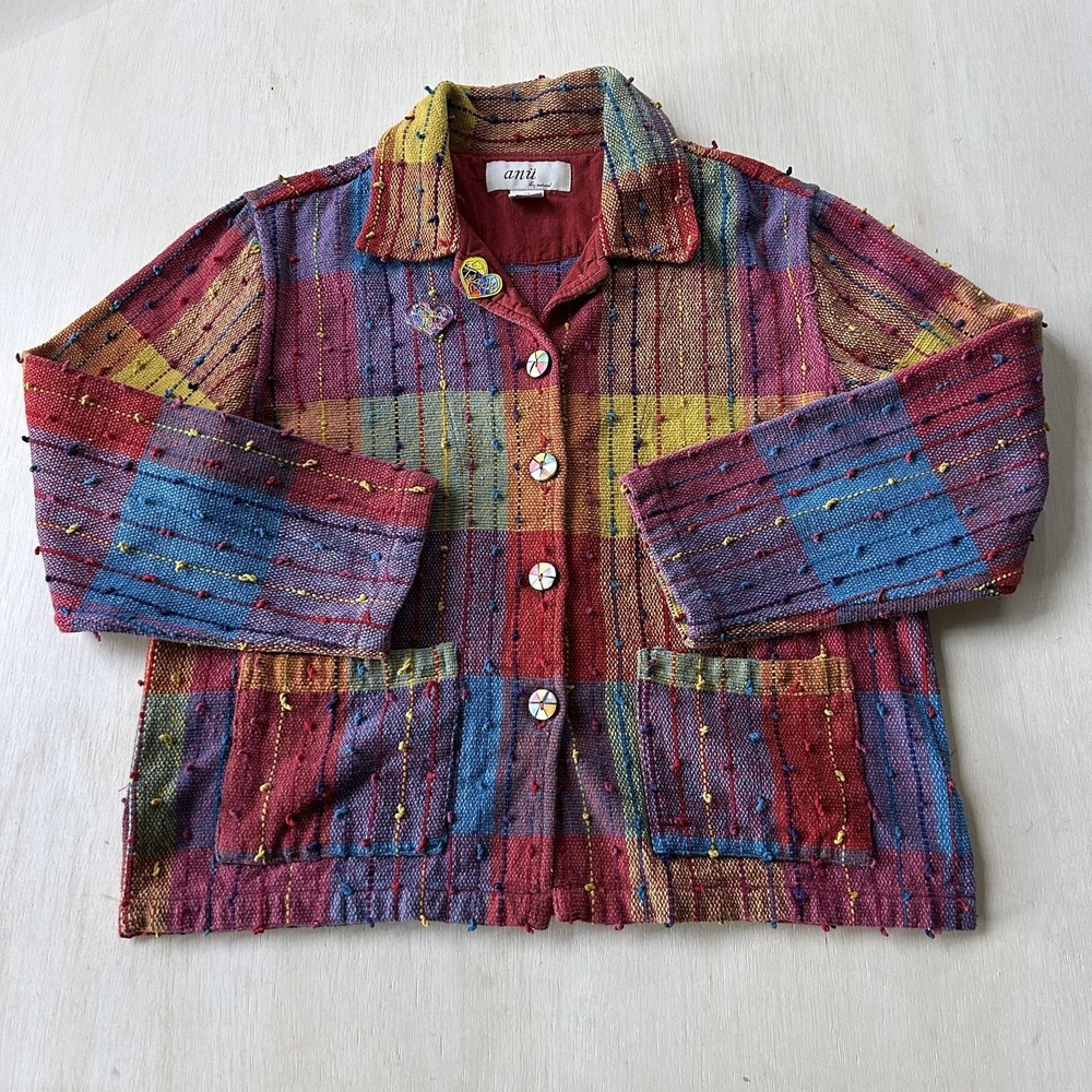 Vintage Anu Natural Jacket Womens Med Multicolor Cotton Plaid Boho Lined Tweed